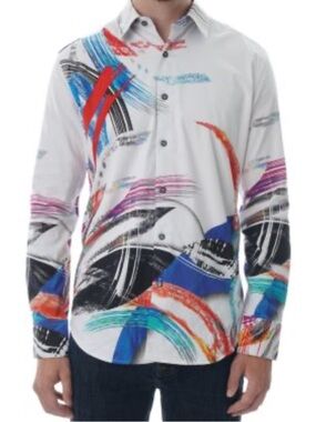 Robert Graham 'World Traveler' Limited Edition Beaded Skull Guitarist Art Shirt